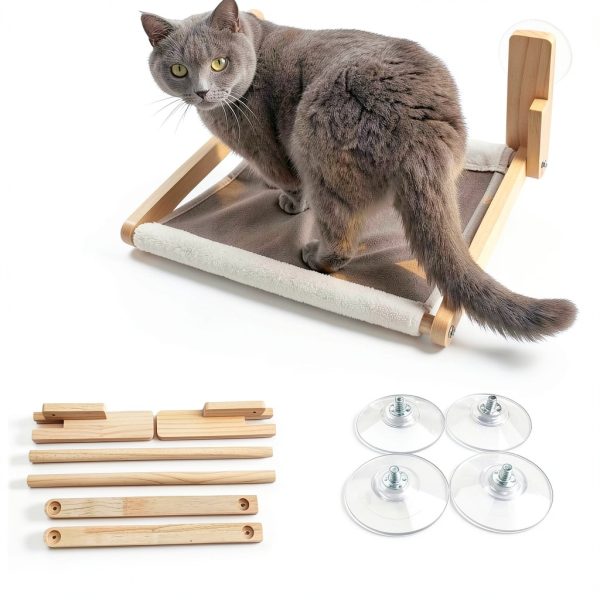 Foldable Cat Window Perch, Natural Wood, 16.5''×12'' Hammock, 35 lbs Weight Limit, Cat Window Hammock for Small Size Windows-4