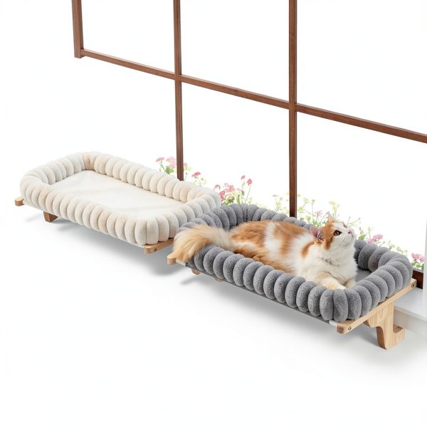 Zakkart SnugCloud Cat Window Perch with 4-Sided Bolster - Orthopedic Cat Hammock for Window Sill - Solid Hardwood & Metal Frame - Window Seat for Pets (Natural Color Wood w/White Bed, Medium)-6