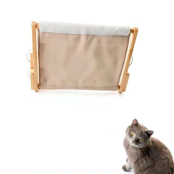 Foldable Cat Window Perch, Natural Wood, 16.5''×12'' Hammock, 35 lbs Weight Limit, Cat Window Hammock for Small Size Windows-1