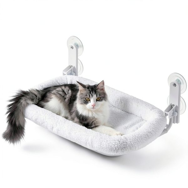 Zakkart Foldable Cat Hammock for Window - Cordless, Embeded Machine Washable Bed, Robust Metal Frame - Cat Window Perch for Large Cats and Kittens (White Bolster Bed, Medium)-0