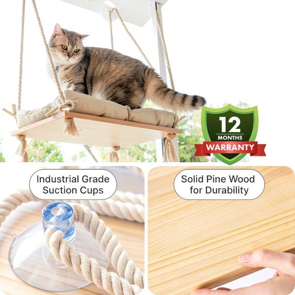 Cat Window Perch with Industrial-Grade Suction Cups - Solid Pine Wood Hammock Bed, Soft Cushion - 42 lb Capacity for Cats Inside-3