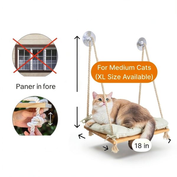 Cat Window Perch with Industrial-Grade Suction Cups - Solid Pine Wood Hammock Bed, Soft Cushion - 42 lb Capacity for Cats Inside-5