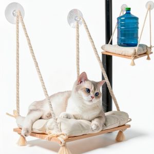 Cat Window Perch with Industrial-Grade Suction Cups - Solid Pine Wood Hammock Bed, Soft Cushion - 42 lb Capacity for Cats Inside-0